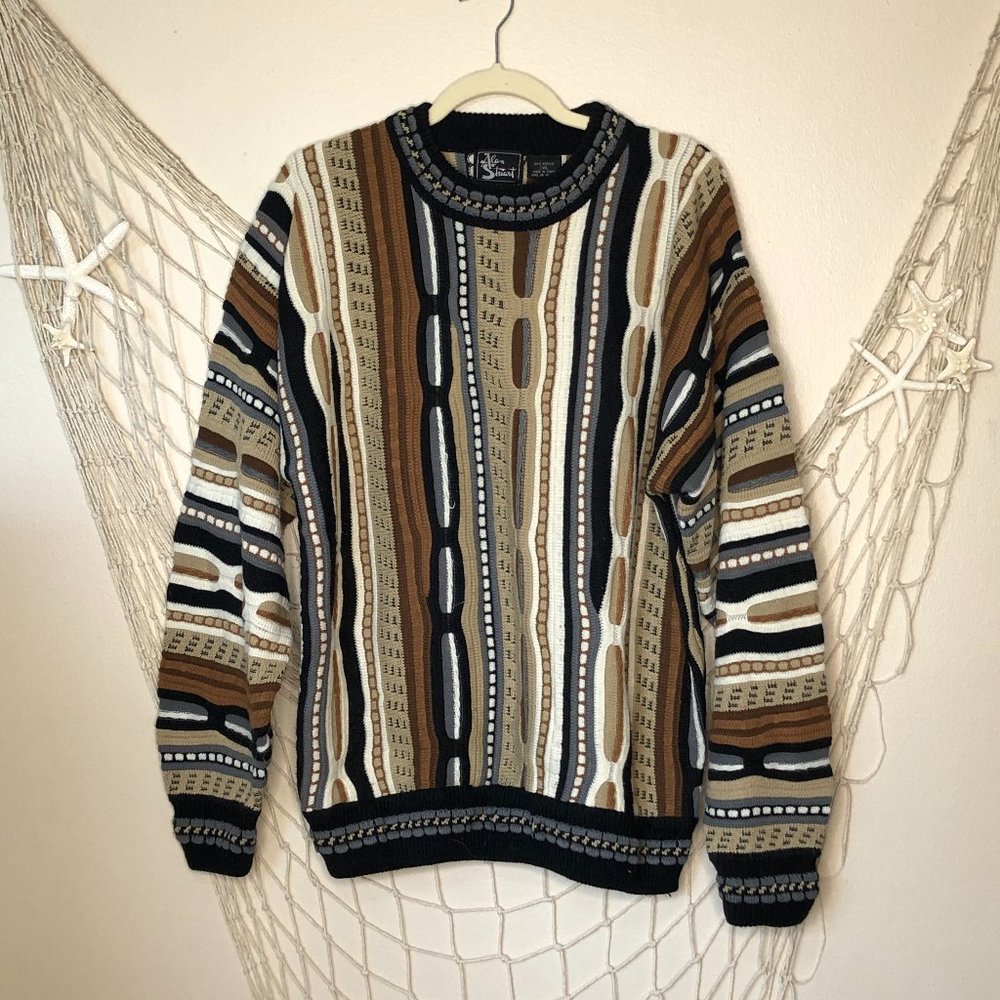 Vintage 1980s ALAN STUART Coogi-Inspired Sweater Browns & Grays 2XL